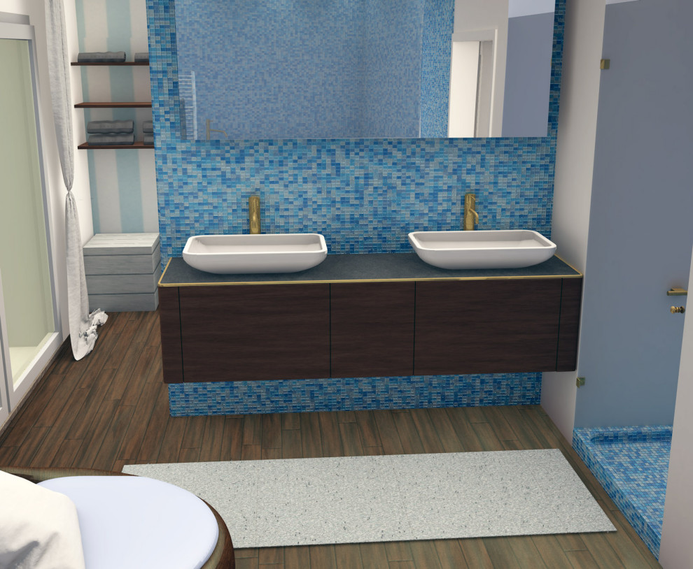 Kleines Modernes Badezimmer En Suite mit Lamellenschränken, braunen Schränken, Doppelwaschbecken und schwebendem Waschtisch in München
