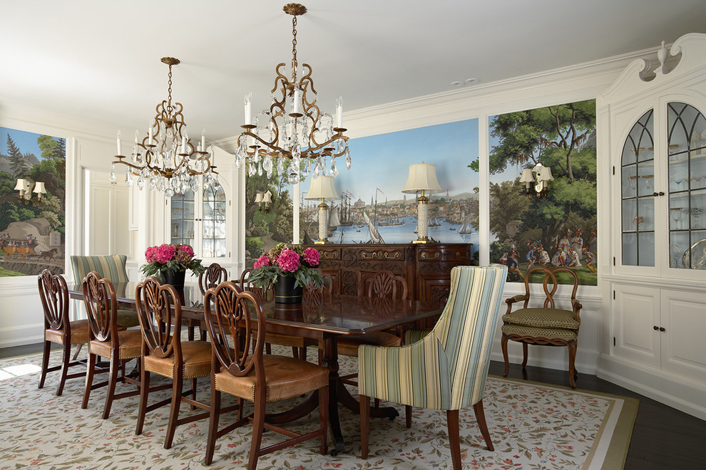Inspiration for a mid-sized traditional separate dining room in Minneapolis with white walls and dark hardwood floors.