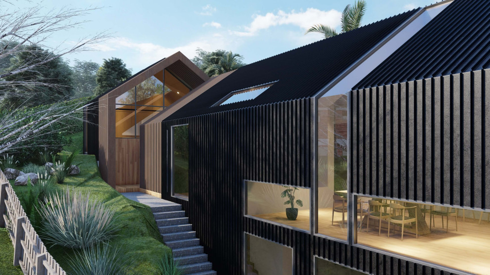 Idées déco pour une façade de maison métallique et noire scandinave de taille moyenne et à deux étages et plus avec un toit en métal et un toit noir.
