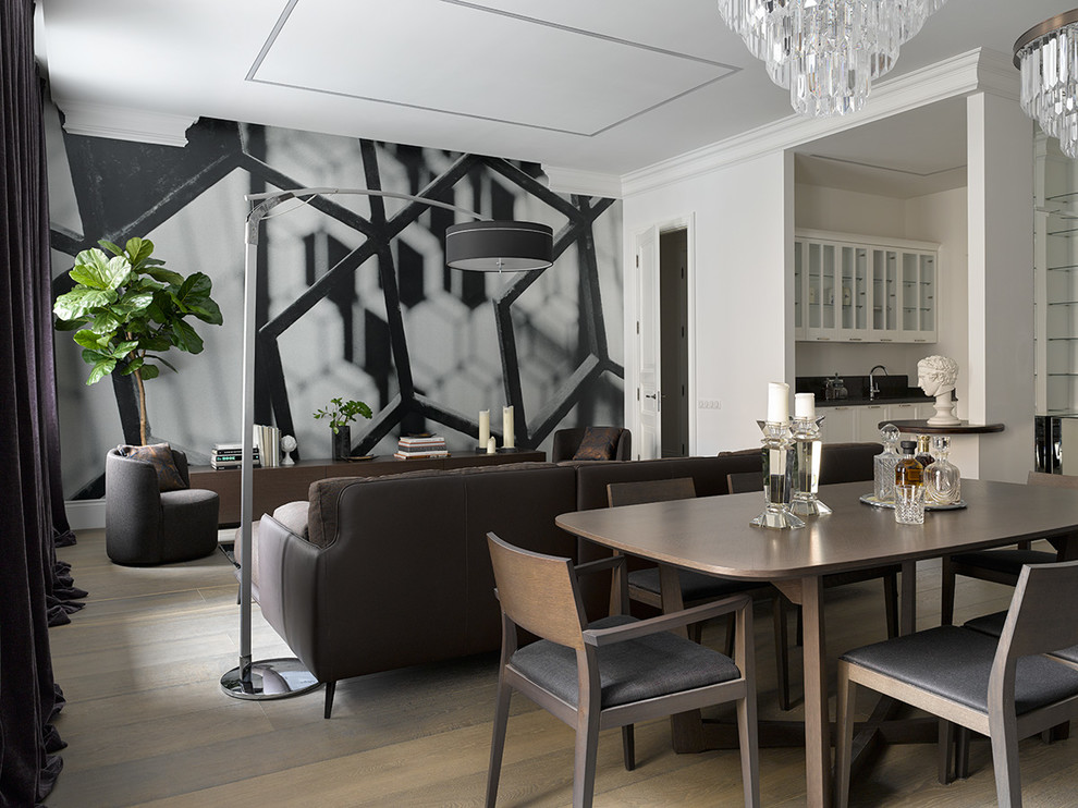 Photo of a large contemporary open plan dining in Moscow with white walls, medium hardwood floors and beige floor.