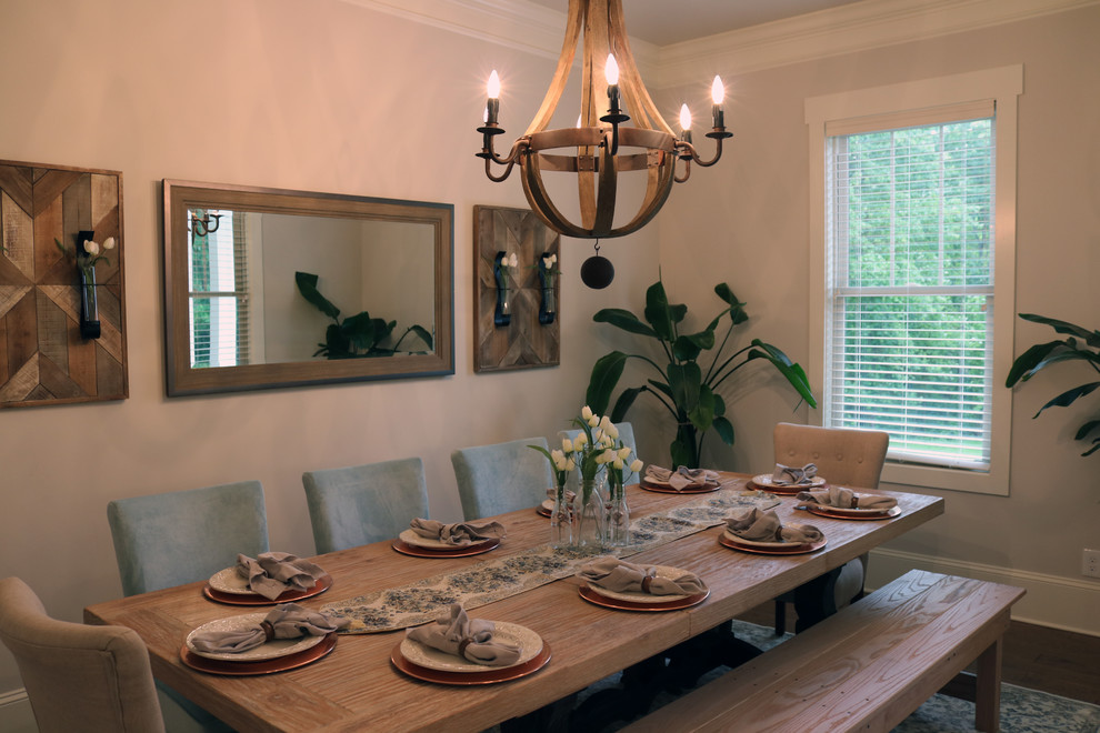 Inspiration for a country separate dining room in Atlanta with grey walls, light hardwood floors and multi-coloured floor.