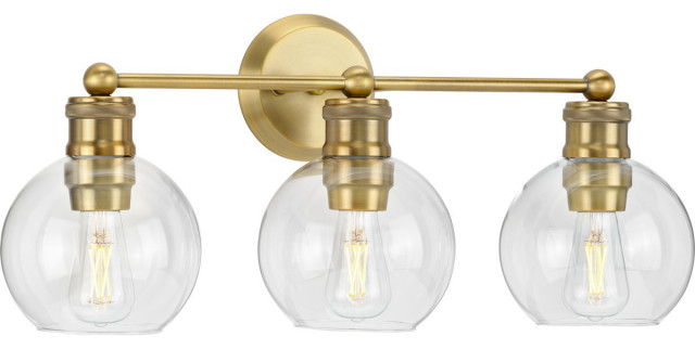 Hansford Collection Three-Light Vintage Brass Bath Vanity Light, 24.5 in x 7.25 in x 10.87 in ...