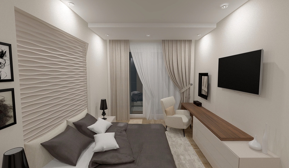 Интерьер спальни в современном стиле, 17.47 кв.м.