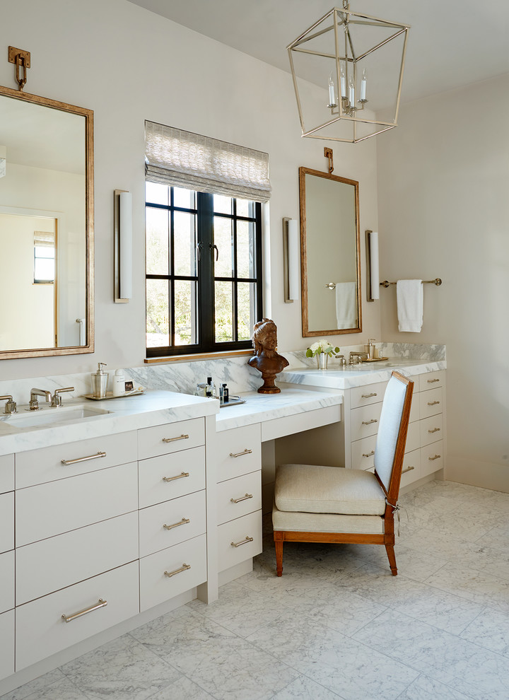 Design ideas for a contemporary master bathroom in San Francisco with flat-panel cabinets, white cabinets, white walls, grey floor and white benchtops.