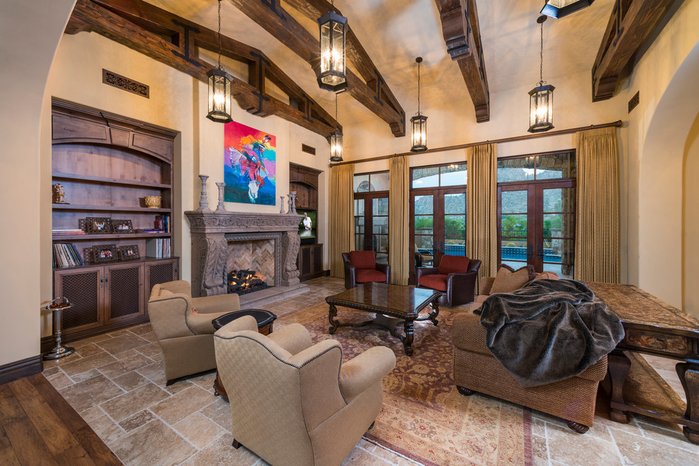 Design ideas for an expansive traditional formal open concept living room in Phoenix with beige walls, travertine floors, a standard fireplace, a stone fireplace surround and no tv.