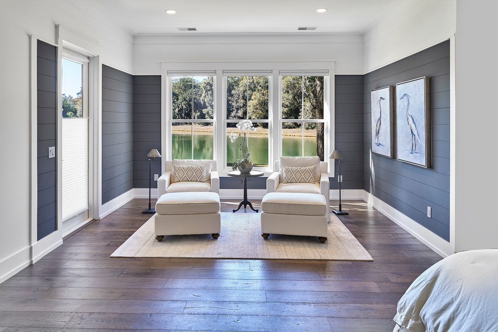 Inspiration for a large transitional master bedroom in Atlanta with grey walls, dark hardwood floors and no fireplace.