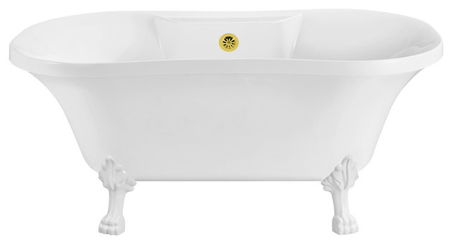 Soaking Clawfoot Tub With External Drain, 60", White, Gold