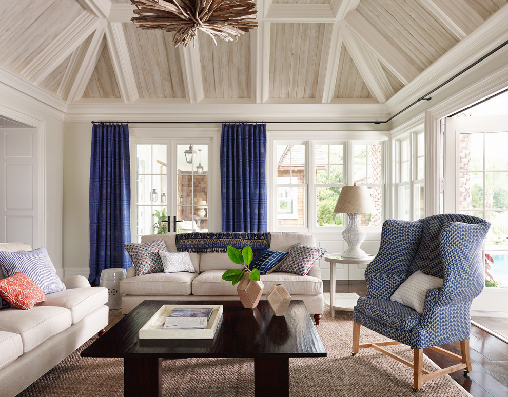 Photo of a mid-sized beach style formal open concept living room in Jacksonville with beige walls and dark hardwood floors.