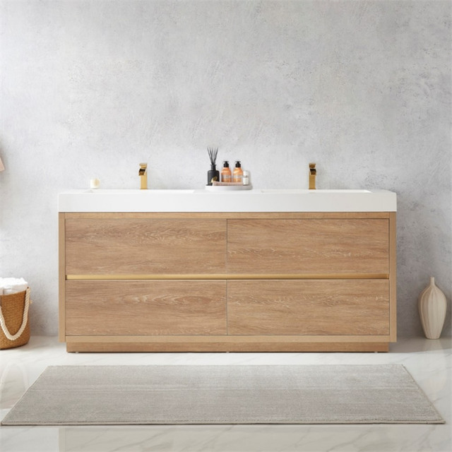 Huesca 72" Double Sink Bathroom Vanity Natural Oak Wood White Top No ...