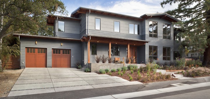 This is an example of a mid-sized modern two-storey grey house exterior in San Francisco with concrete fiberboard siding.
