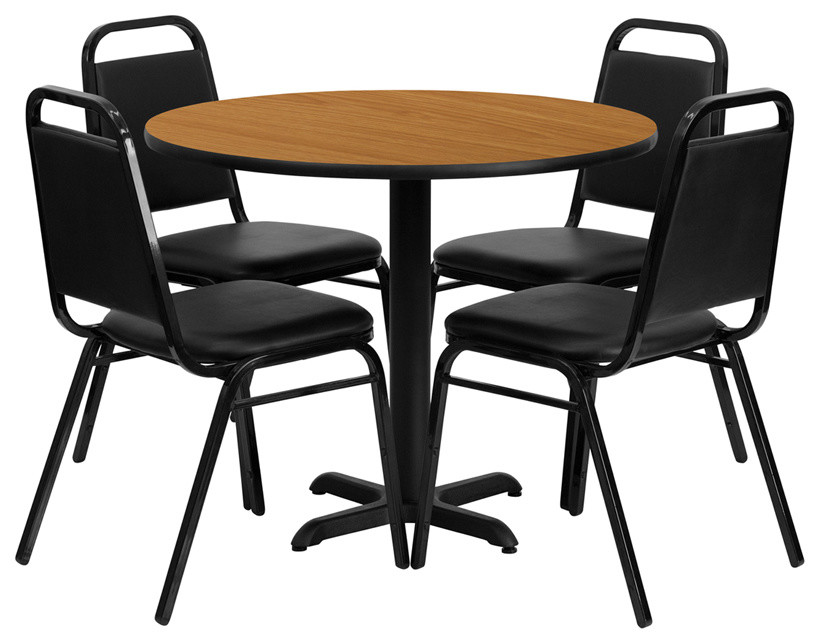Flash Furniture 36 Inch Round Natural Laminate Table Set w/ 4 Black Trapezoidal