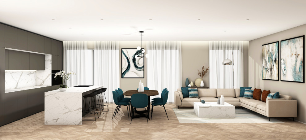 Design ideas for an expansive contemporary open plan games room in Milan with beige walls, light hardwood flooring, a ribbon fireplace, a wall mounted tv, brown floors and a drop ceiling.