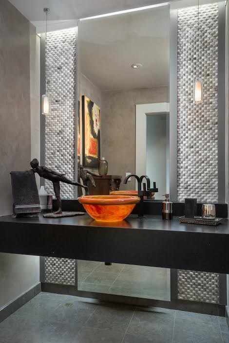 Inspiration for a mid-sized contemporary 3/4 bathroom with black cabinets, a vessel sink, zinc benchtops, open cabinets, mosaic tile, grey walls, ceramic floors and grey floor.