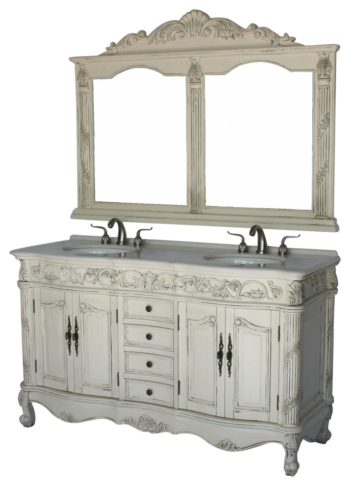 60" Antique Style Double Sink Bathroom Vanity Set With Mirror Model