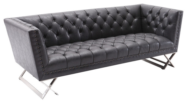Armen Living Odyssey Sofa Brushed Steel Finish With Vintage Black Pu Upholstery