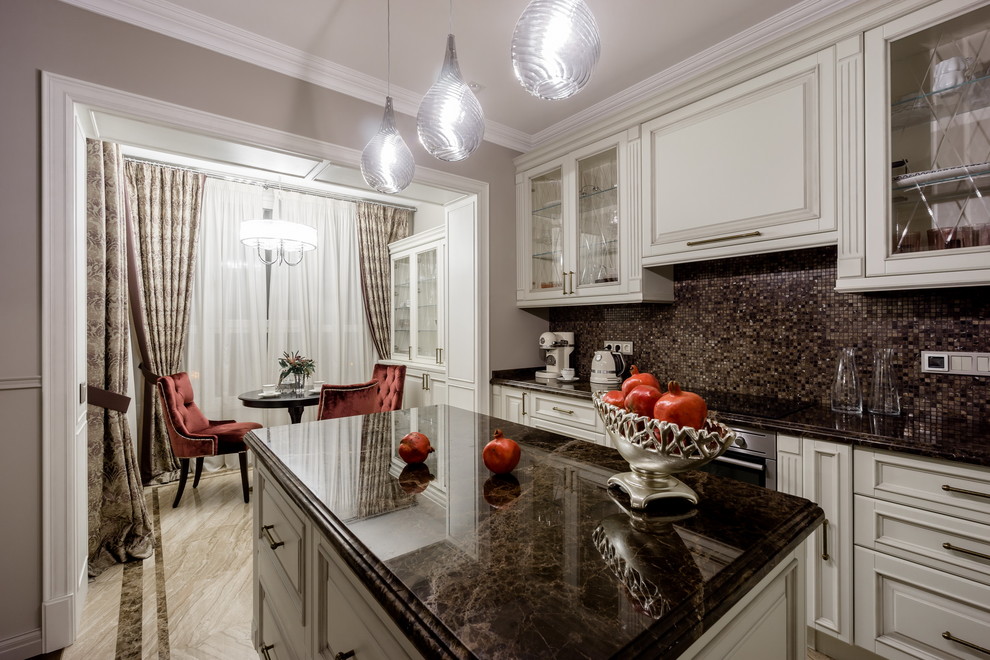 Photo of a large eat-in kitchen in Moscow with an undermount sink, recessed-panel cabinets, white cabinets, marble benchtops, brown splashback, stone slab splashback, white appliances, marble floors and with island.