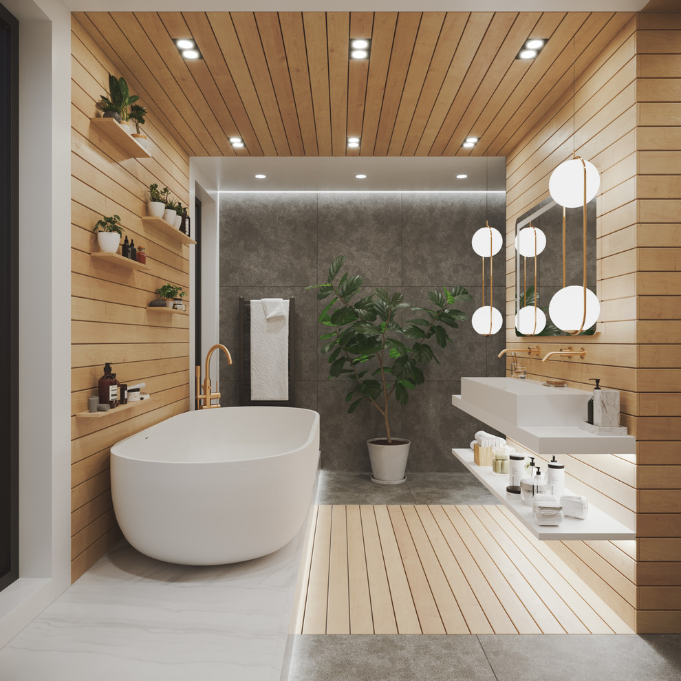 Design ideas for a large modern kids wet room bathroom in Other with a freestanding tub, a wall-mount toilet, gray tile, slate, white walls, slate floors, a trough sink, engineered quartz benchtops, grey floor, an open shower and white benchtops.