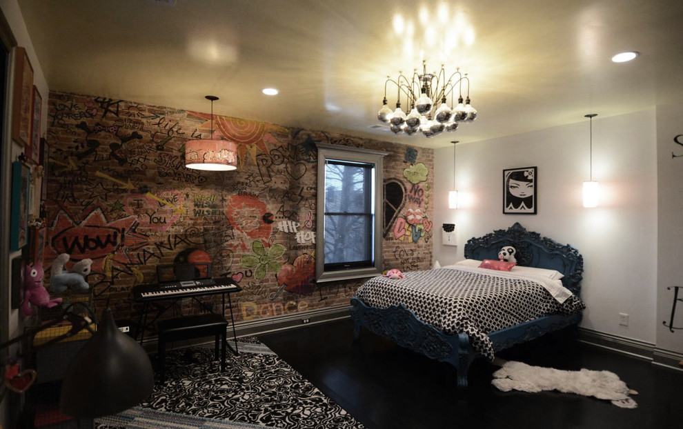 Design ideas for a mid-sized industrial kids' bedroom for kids 4-10 years old and girls in New York with multi-coloured walls, dark hardwood floors and black floor.