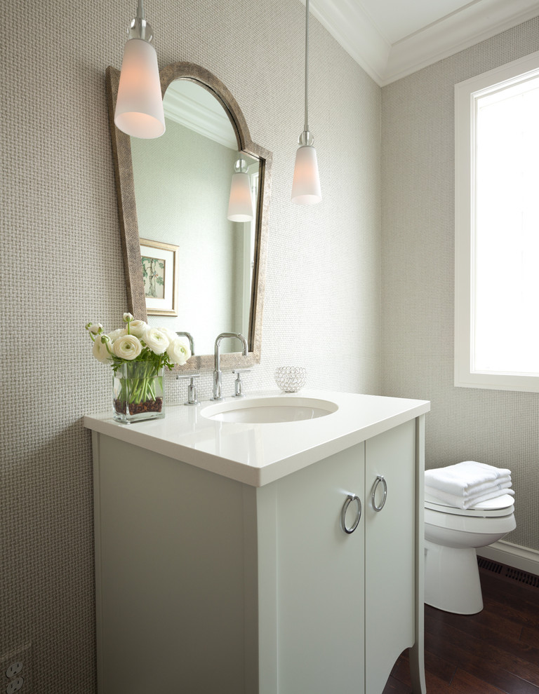Design ideas for a transitional powder room in Minneapolis with furniture-like cabinets, grey cabinets, dark hardwood floors, solid surface benchtops, grey walls, an undermount sink and brown floor.