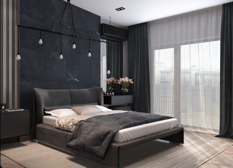 Bedroom - mid-sized contemporary master vinyl floor and wall paneling bedroom idea in Other with gray walls