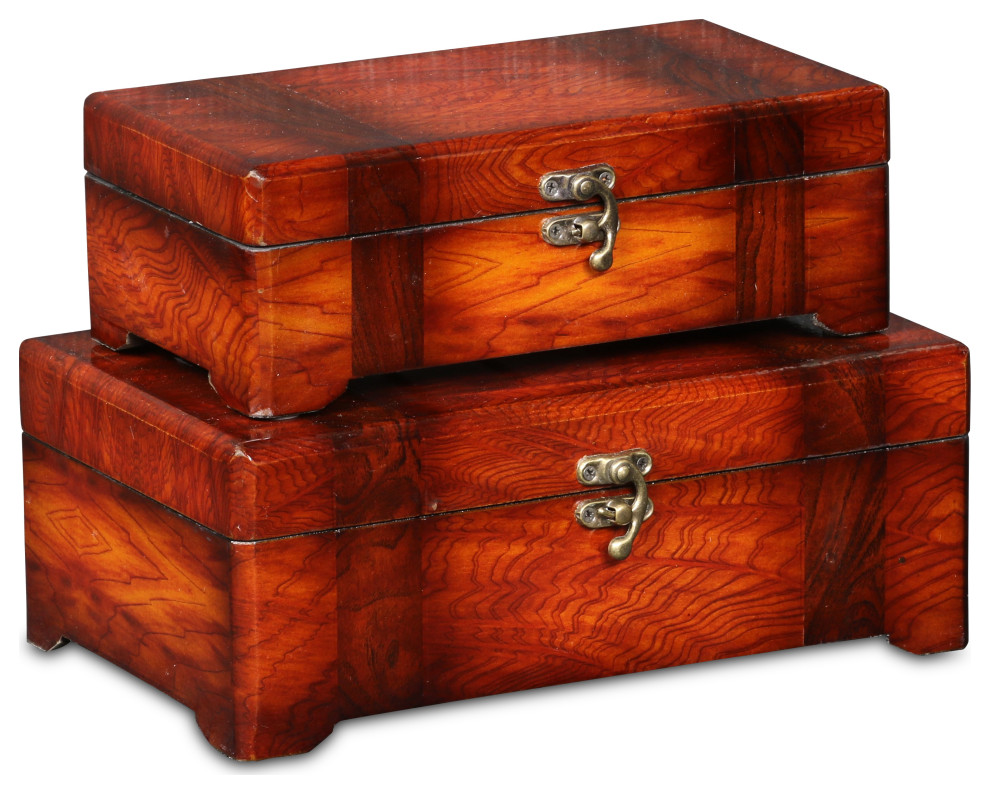 4"H Wooden Burlwood Veneer Keepsake Storage Boxes, Set of 2