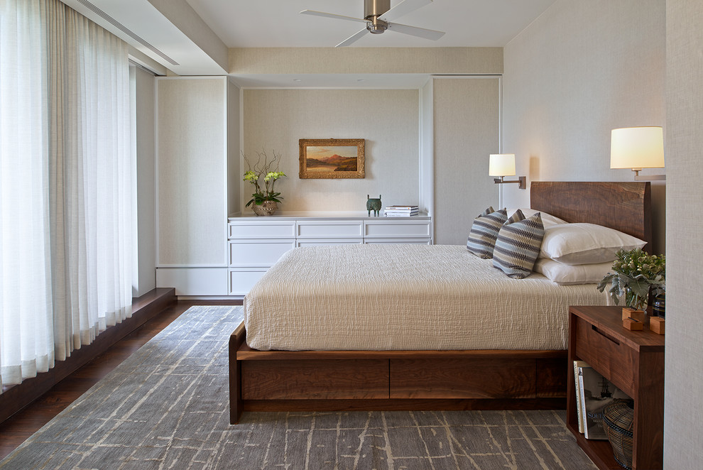 This is an example of a mid-sized contemporary master bedroom in DC Metro with beige walls, carpet and no fireplace.