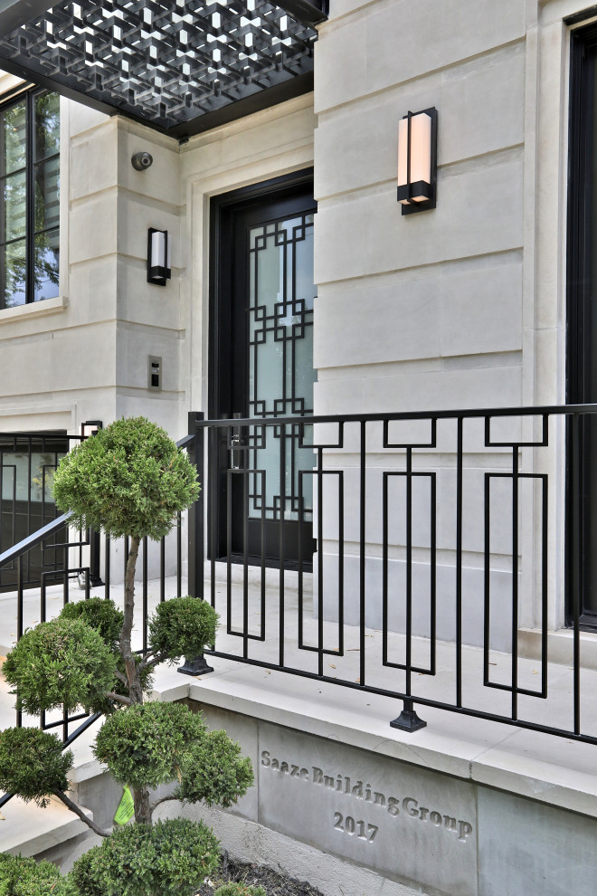 Transitional limestone floor single front door photo in Toronto with white walls and a glass front door