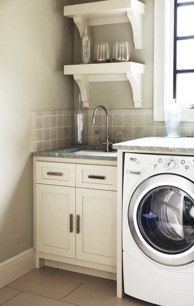 Mid-sized contemporary dedicated laundry room in Other with white cabinets, grey walls, a side-by-side washer and dryer, an undermount sink, shaker cabinets and granite benchtops.
