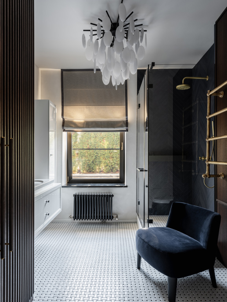На фото: большая ванная комната в современном стиле с угловым душем, черной плиткой, полом из керамической плитки, душевой кабиной, белым полом, окном, тумбой под одну раковину и подвесной тумбой
