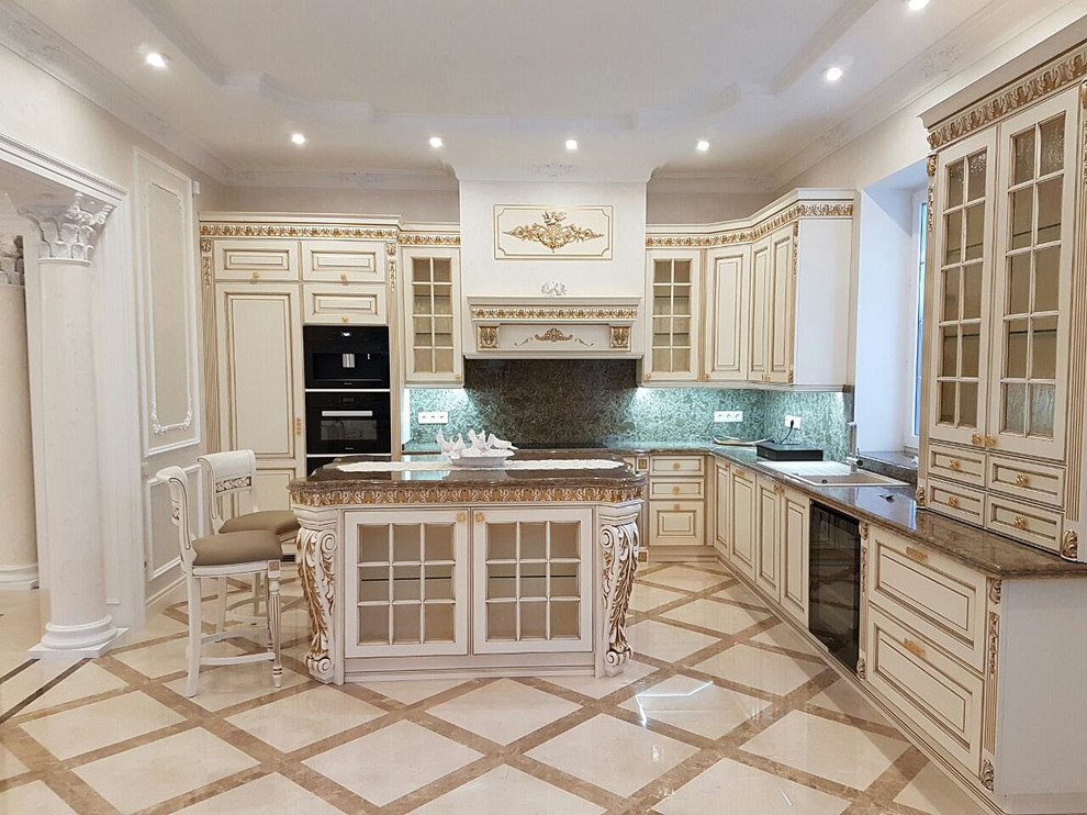 Large traditional l-shaped eat-in kitchen in Moscow with a drop-in sink, raised-panel cabinets, beige cabinets, quartz benchtops, brown splashback, window splashback, black appliances, porcelain floors and with island.