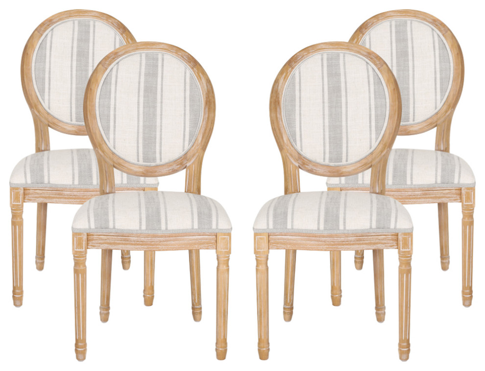 Lariya French Country Fabric Dining Chairs (Set of 2), Grey Line + Natural, Four (4) Dining Chairs