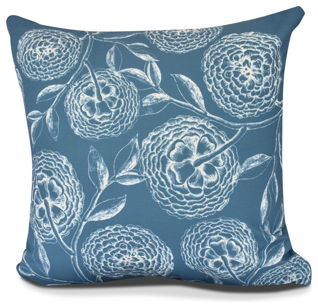 Antique Floral, Floral Print Outdoor Pillow,Navy Blue Contemporary