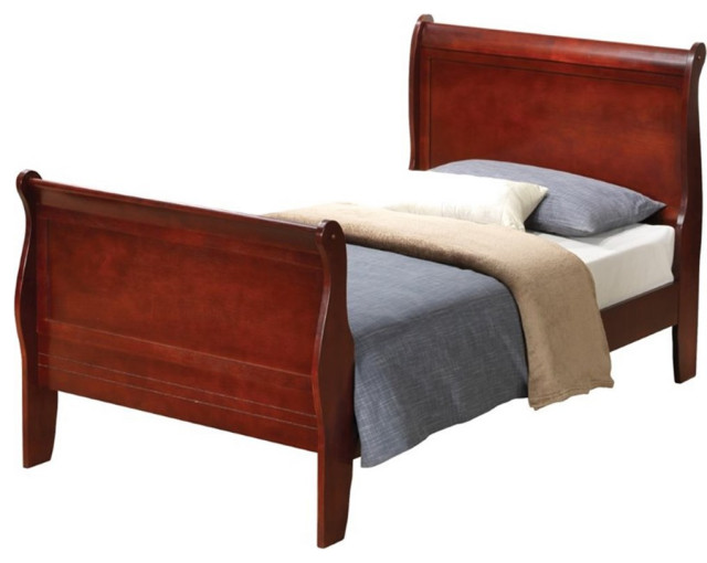 Maklaine Traditional styled Wood Twin Sleigh Bed in Cherry Finish Traditional Sleigh Beds