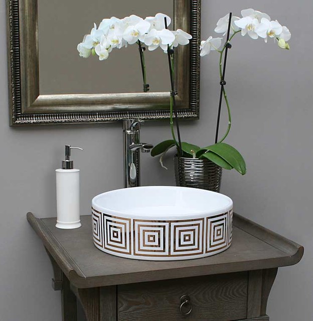 Gold Big Squares Hand Painted Sink In Gray Bathroom