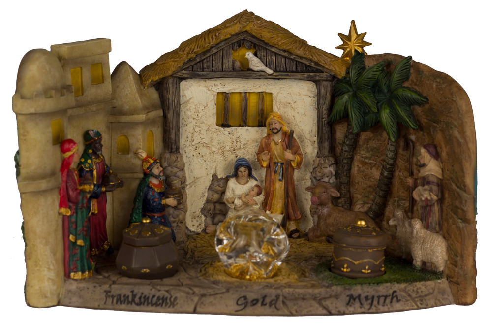 Panoramic Real Life 7" Nativity Scene With Gold, Frankincense & Myrrh