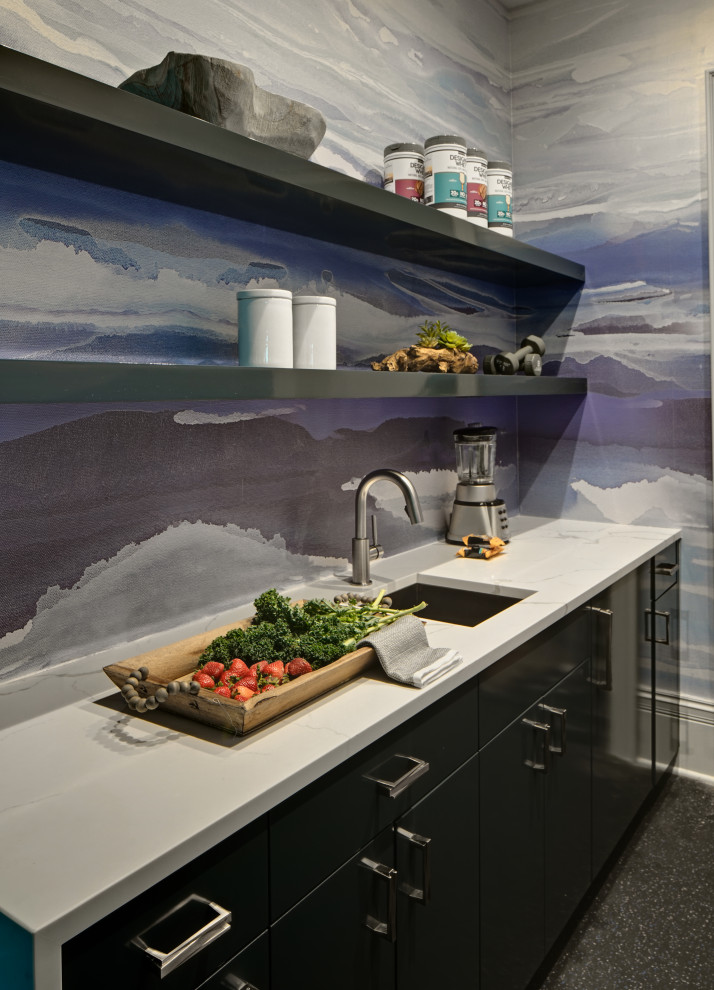 This is an example of a mid-sized transitional single-wall wet bar in Chicago with an undermount sink, flat-panel cabinets, grey cabinets, quartz benchtops, white floor and white benchtop.