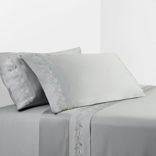 350 TC Gray Sheet Set With Gray Scroll Embroidery, King Transitional