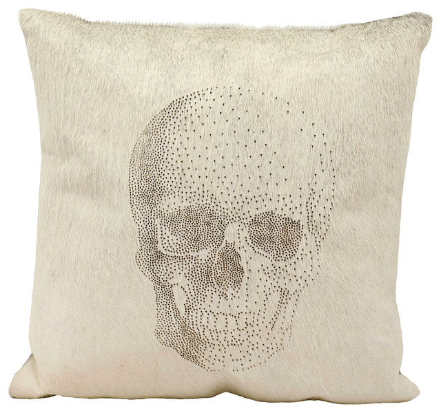 Mina Victory Natural Leather Hide Laser Cut Skull Gray Throw Pillow, 20"x20"