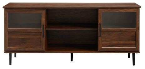 Walker Edison 58" Glass & Wood Split Panel Door TV Console-Dark Walnut