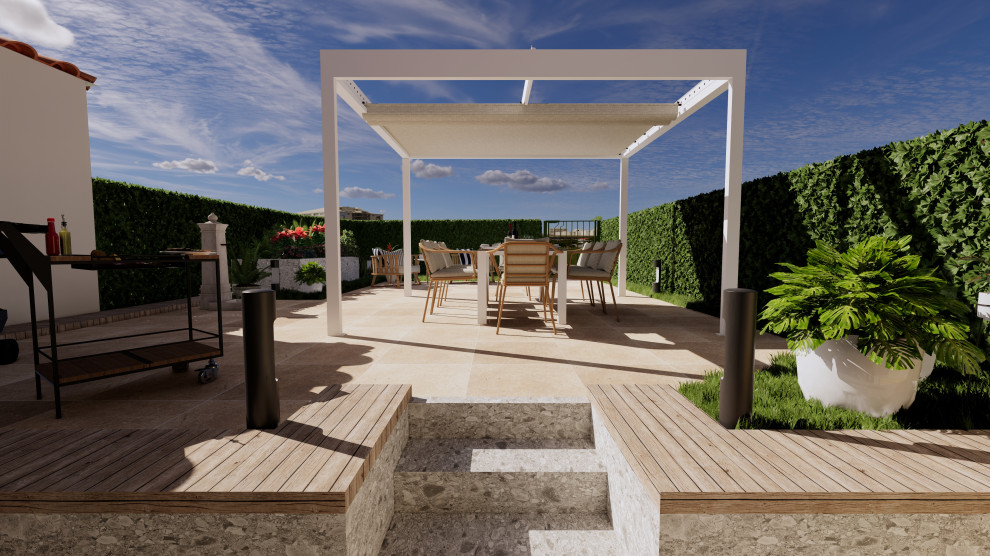 Inspiration for a medium sized modern back formal full sun garden for summer in Milan with decking and a metal fence.