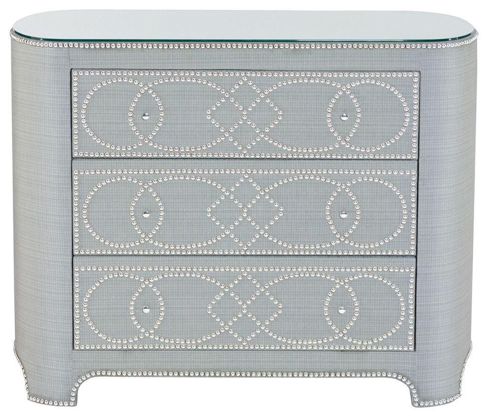 River Hollywood Regency Fabric 3 Drawer Nailhead Pattern Dresser
