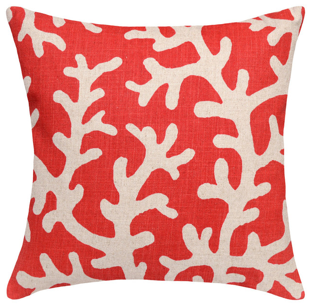 Coral Printed Linen Pillow With Feather-Down Insert, Coral Red