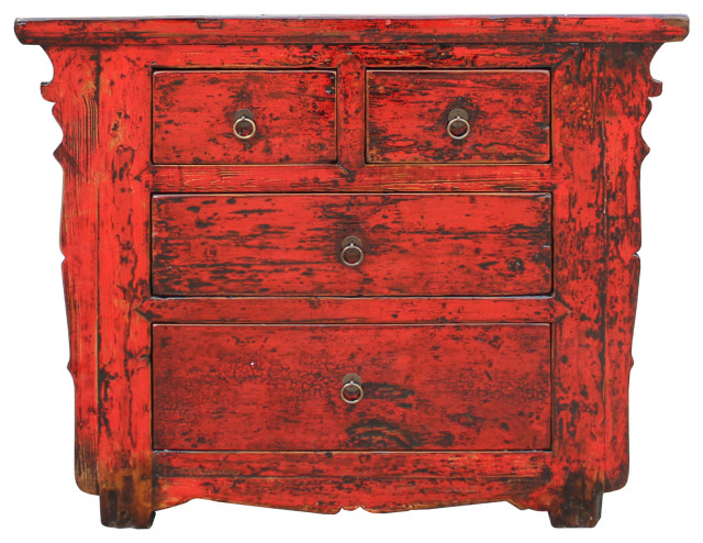 Chinese Distressed Rustic Red Foyer Console Table Cabinet Hcs5331