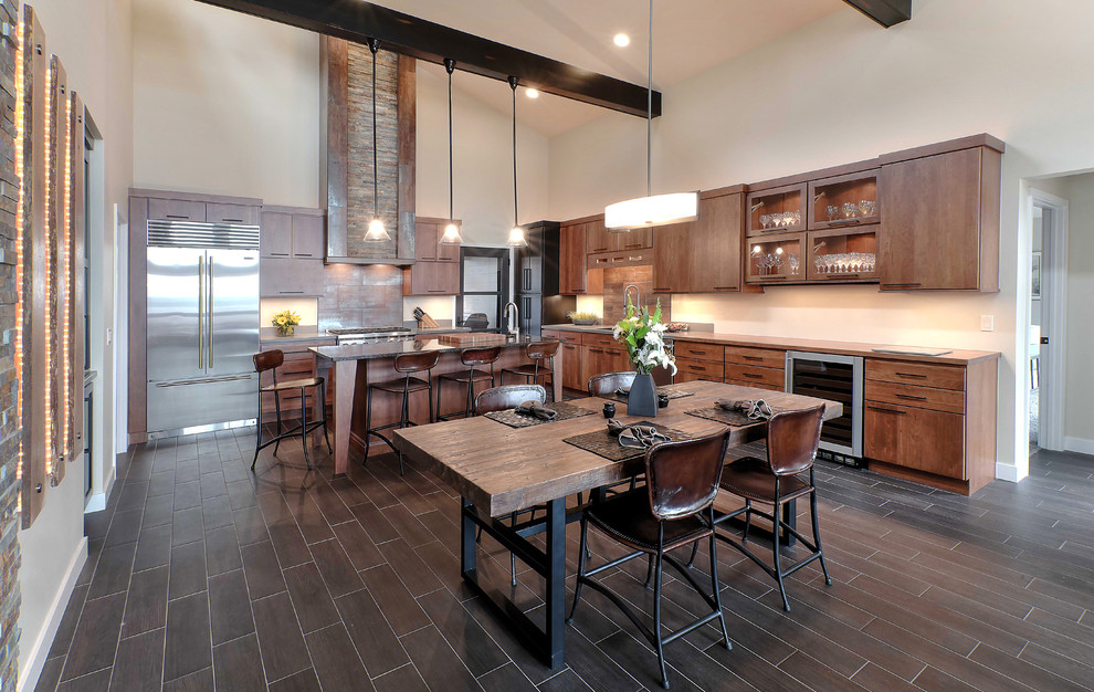 Inspiration for a large country l-shaped eat-in kitchen in Other with flat-panel cabinets, medium wood cabinets, stainless steel appliances, with island and porcelain floors.