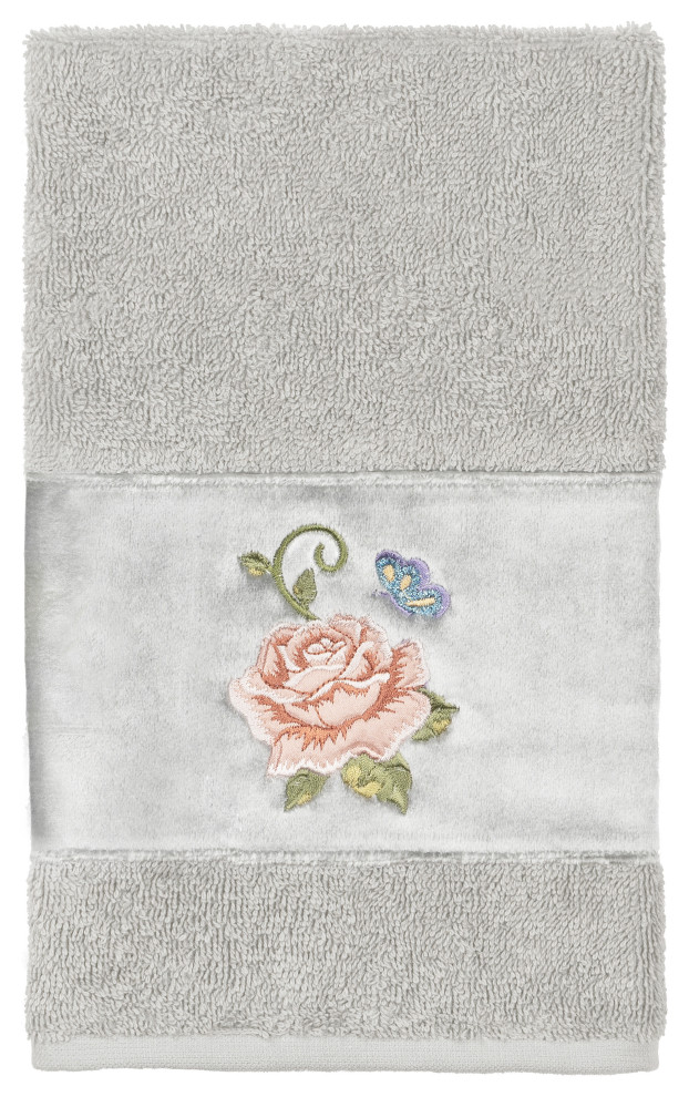 100% Turkish Cotton Rebecca Embellished Hand Towel, Light Gray
