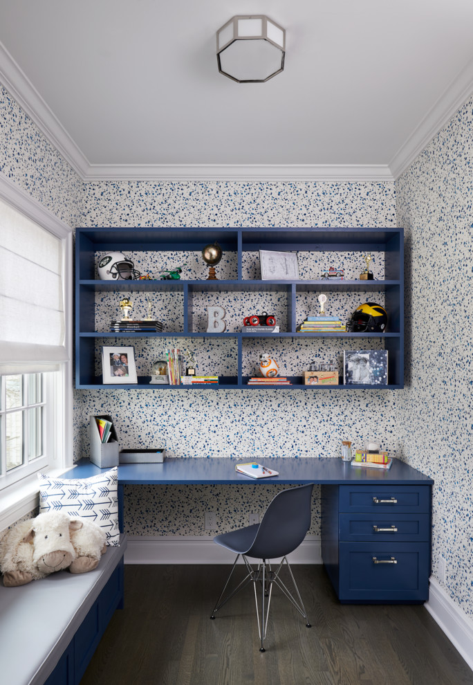Scarsdale - Kids' study room - study space transitional girl dark wood floor and gray floor kids' study room idea in Raleigh with multicolored walls