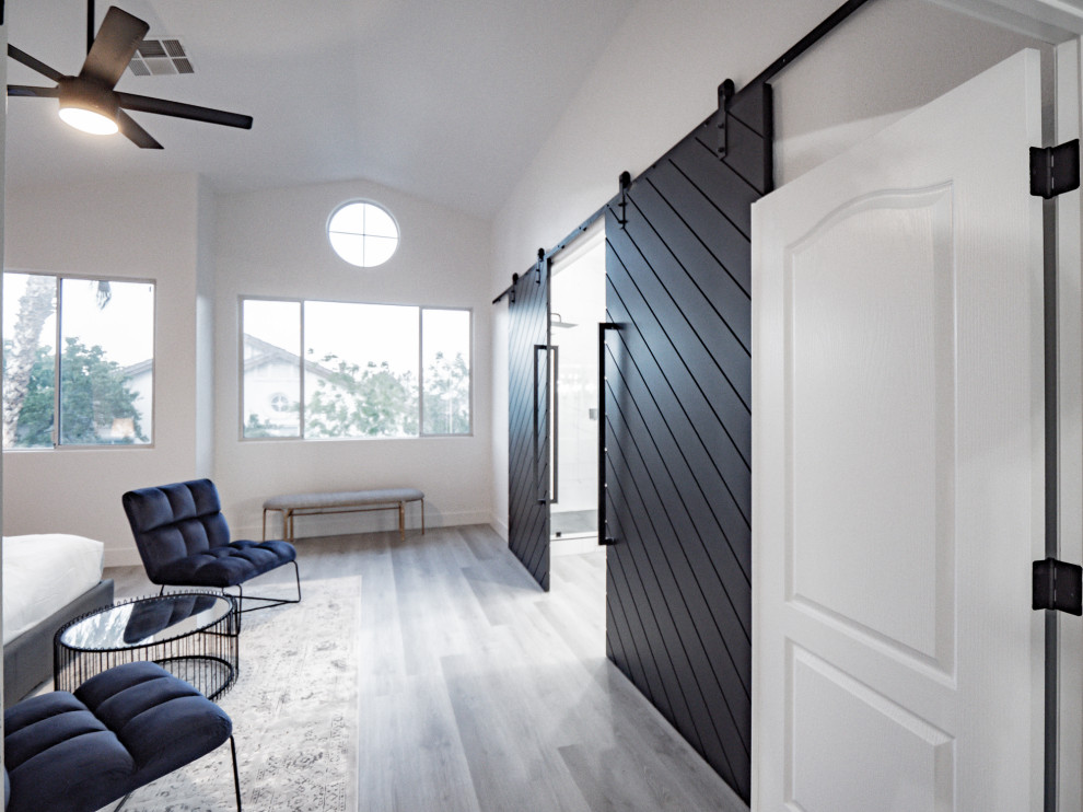 Foto de dormitorio principal y abovedado minimalista de tamaño medio sin chimenea con paredes blancas, suelo laminado y suelo gris