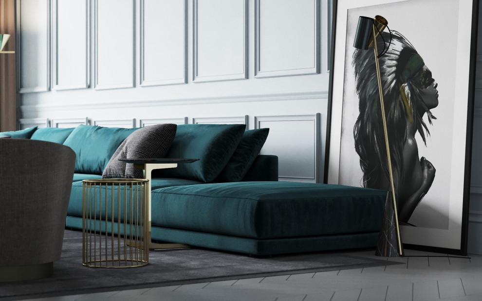 Интерьер зоны кухни-гостиной для загородного дома