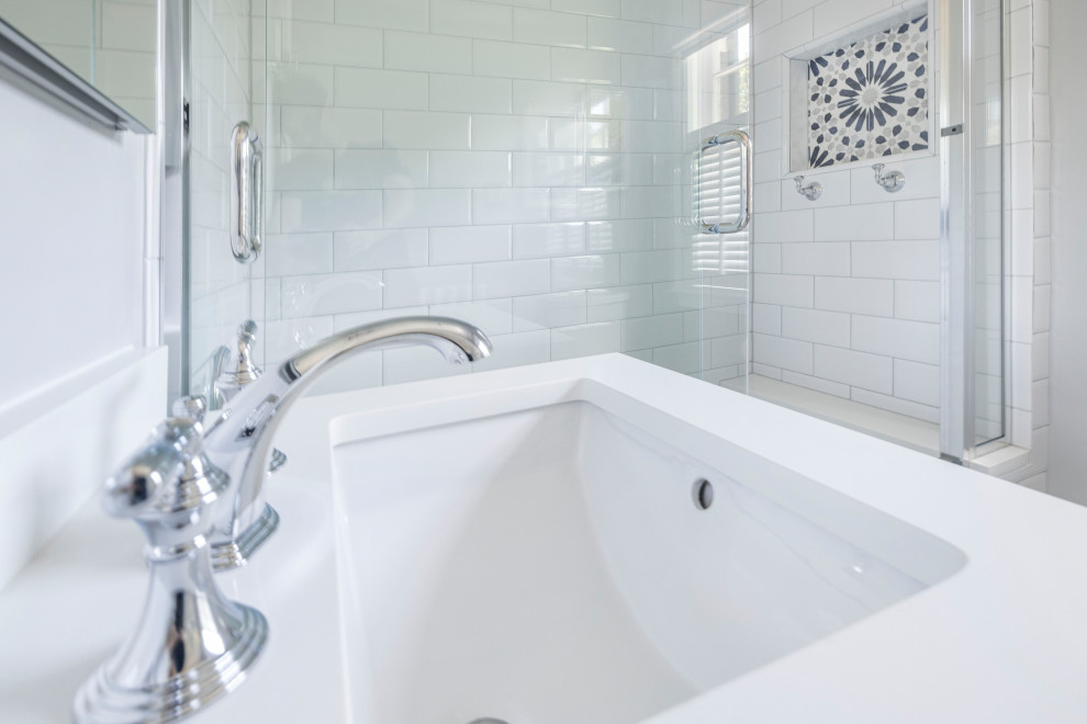 Example of a small trendy 3/4 white tile and ceramic tile porcelain tile, blue floor and single-sink bathroom design in DC Metro with shaker cabinets, white cabinets, gray walls, an undermount sink, quartz countertops, white countertops and a built-in vanity