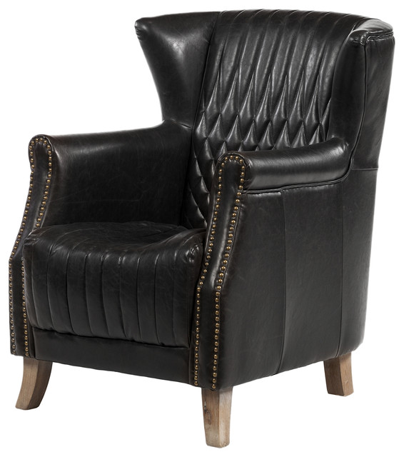 Bugatti Wing Back Lounge Chair, Distressed Black Leather